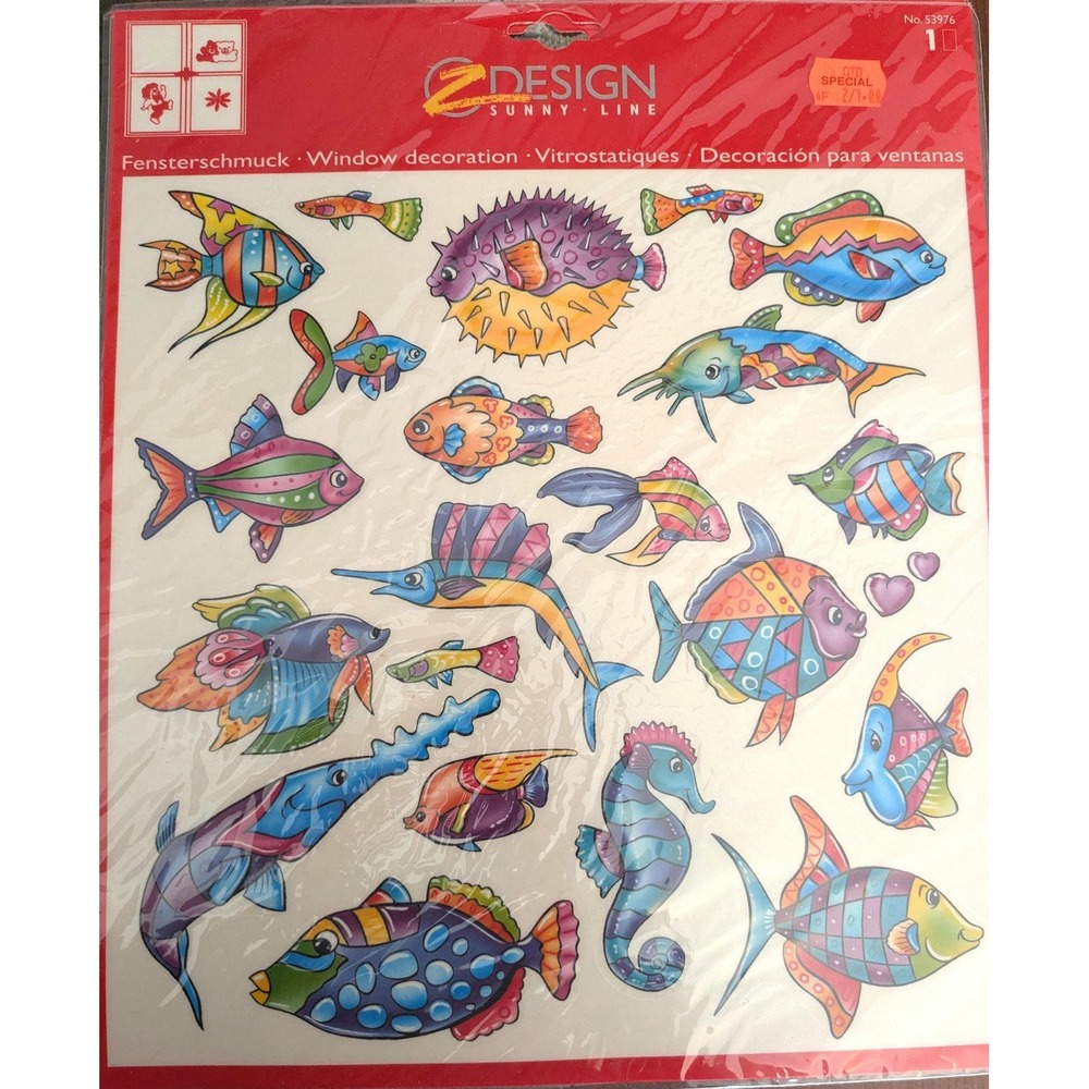 Vintageโ Z Design Tropical Fish Window Clings NOS Colorful Static Window Decals